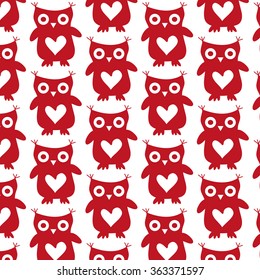 Cute owl red silhouette seamless pattern on a white background. The owl with big eyes and a heart on his belly. A wrapping for Valentine's Day. Vector illustration