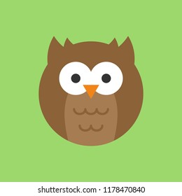 Cute owl round vector graphic icon. Owl bird animal head, face illustration. Isolated on green background.