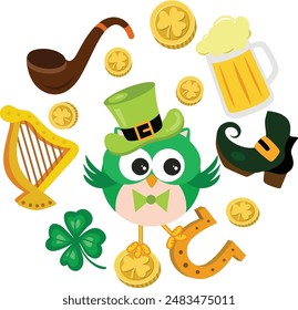 Cute owl Saint Patricks Day and good luck elements