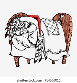 Cute owl with Santa Claus cap. Hand drawn vector inspiration illustration. Can be used for  t-shirt  or bags print, fashion print design, greeting and invitation card. Hand drawn bird