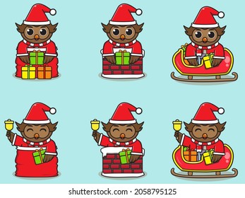 Cute Owl Santa Claus vector illustration. Vector illustration isolated on light blue background. Good for icon, label, sticker, clipart.