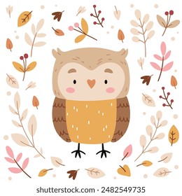 Cute owl in Scandinavian style in the middle of autumn leaves.Welcome autumn season. happy autumn background. fall season background.Poster, Banner, Flyer, Greeting Card