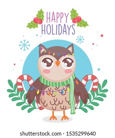 cute owl with scarf and candy canes branches merry christmas vector illustration