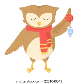 Cute owl with scarf decorating christmas tree by ornate ball