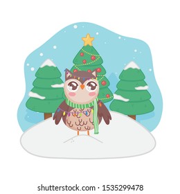 cute owl with scarf lights trees snow merry christmas vector illustration