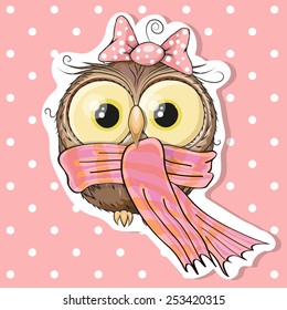 Cute Owl in a scarf on a pink background