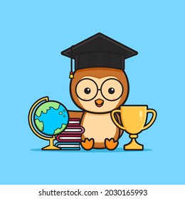 Cute owl with school equipment cartoon icon illustration. Design isolated flat cartoon style