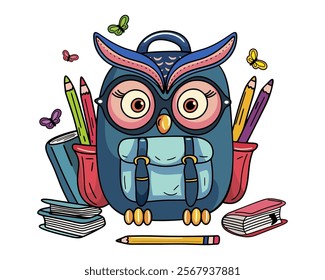 Cute Owl with School Supplies for an Educational and Fun Learning Theme Illustration. Vector illustration
