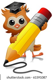 A Cute Owl Scribbling Something with the Use of a Giant Pencil - Vector