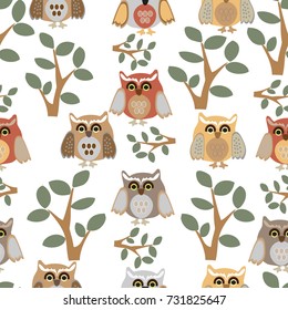 Cute owl seamless baby pattern background