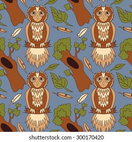 Cute owl seamless pattern. Cartoon style bird. 