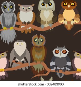 Cute owl seamless pattern. Cartoon style bird. 