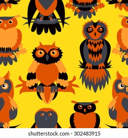 Cute owl seamless pattern. Cartoon style bird. 