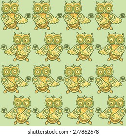 Cute owl seamless pattern. Coffee pattern. Funny animals pattern.  You can use it in textile design, greeting cards, graphic design.