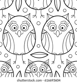 Cute owl seamless pattern with dots and leaves. Monochrome owl print. Black and white 