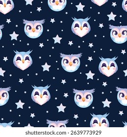 Cute owl seamless pattern. Flat vector clipart, illustration with isolated background.