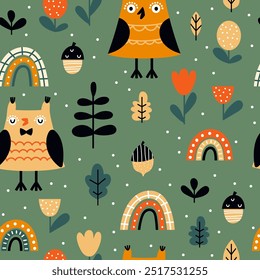 Cute owl seamless pattern with forest plants and rainbows on a green background. Childish hand drawn background in vector. Ideal for fabrics, textiles, apparel, wallpaper.