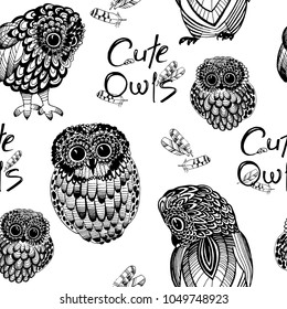 cute owl seamless pattern, hand-drawn, isolated on white background