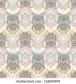 Cute owl seamless pattern with native elements