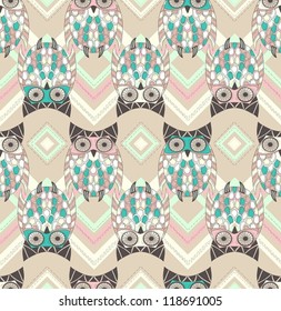 Cute owl seamless pattern with native elements