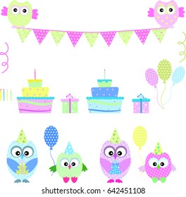 Cute owl set birthday vector
