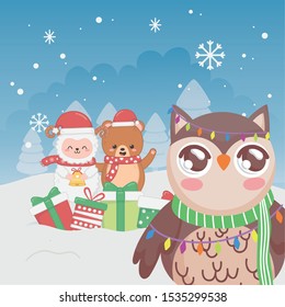 cute owl sheep and bear snowflakes winter trees merry christmas vector illustration