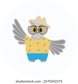 Cute owl in shorts and shirt, hat, glasses on summer vacation