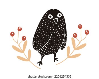 Cute Owl Silhouette With Tree Branches Hand Drawn In Linocut Style, Textured Vector Illustration , Isolated On White