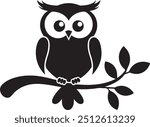 Cute Owl Silhouette Vector on Plain White Background, Owl on a Branch, Owl on Tree, Owl Sitting on Branch