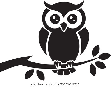 Cute Owl Silhouette Vector on Plain White Background, Owl on a Branch, Owl on Tree, Owl Sitting on Branch