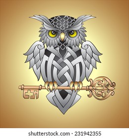 Cute owl silver Celtic patterns sits on vintage openwork key and protects it