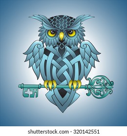 Cute owl silver Celtic patterns sits on vintage openwork key and protects it