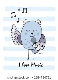 Cute owl sings a song into the microphone. Owl with microphone in the children's cartoon style hand drawn illustration by hands. Vector graphics.
