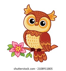 Cute owl sits on a branch with a flower. Vector illustration with a bird on a white background in a cartoon style.