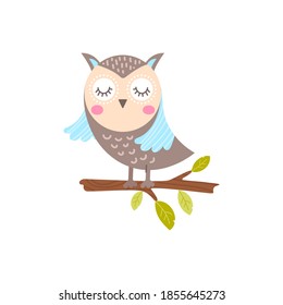 A cute owl sits on a tree branch. Simple illustration on an isolated background. Can be used as a design for office supplies, prints on clothes.