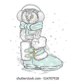 Cute owl sitting in the boots. Vector illustration for a card or poster. Print on clothes. New Year's and Christmas.