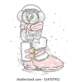 Cute owl sitting in the boots. Vector illustration for a card or poster. Print on clothes. New Year's and Christmas.