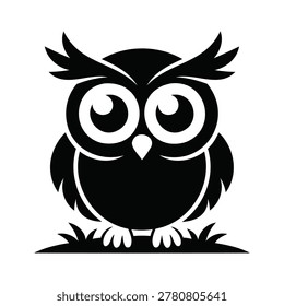 Cute Owl Sitting in Grass Silhouette Vector Character