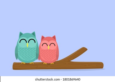 Cute owl sitting with his friend on a stick
