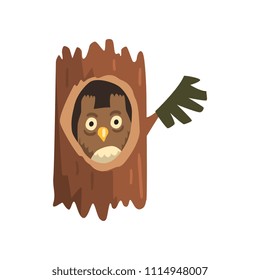 Cute owl sitting in hollow of tree, hollowed out old tree and cute animal cartoon character inside vector Illustration on a white background