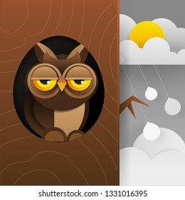 Cute Owl Sitting In Hollow Of Tree, Hollowed Out Old Tree And Cute Animal Cartoon Character Vector Illustration