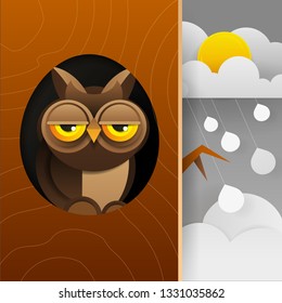 Cute Owl Sitting In Hollow Of Tree, Hollowed Out Old Tree And Cute Animal Cartoon Character Vector Illustration