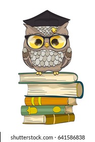 Cute owl sitting on books with graduation cap. vector illustration