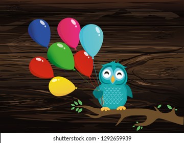 Cute owl sitting on a branch and holding many colorful balloons. Greeting card or birthday invitation. Vector illustration on wooden background.