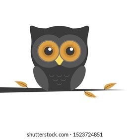 Cute owl sitting on a branch with yellow leaves. Cartoon black bird, funny baby character. Flat design vector illustration. White isolated