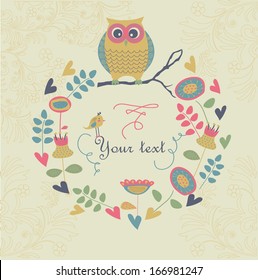 Cute owl sitting on branch with flowers and hearts in cartoon style.