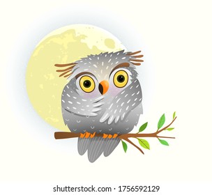 Cute owl sitting on the branch at full moon and starry sky, sweet baby bird eyes wide open at night. Watercolor style vector cartoon illustration for kids room decoration or nursery art.