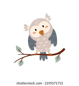 Cute Owl sitting on a branch of tree. Vector scandinavian Illustration. Cartoon Character Isolated on White background