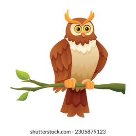 Cute owl sitting on branch cartoon illustration isolated on white background