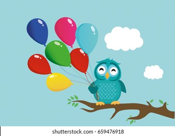 Cute owl sitting on a branch and holding many colorful balloons. Greeting card or birthday invitation. Vector illustration of a blue sky background and white clouds